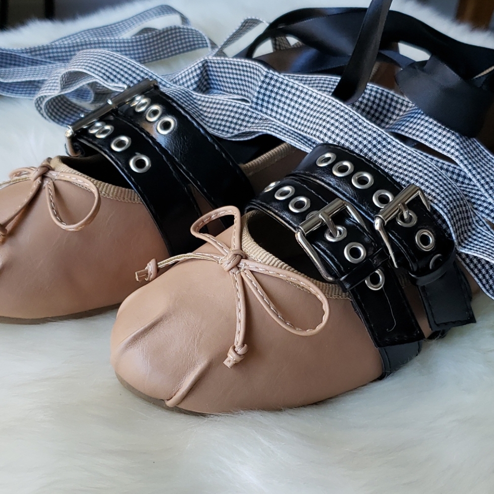 Ballet Flats with Buckles + Ribbon Ankle Wrap - Picture 4 of 7